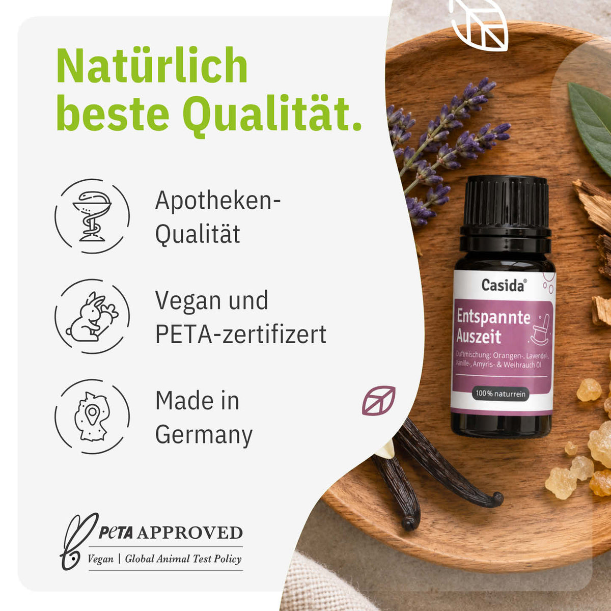 Infografik zu Casida Entspannte Auszeit mit Produktflasche auf Holzschale und Angaben zur Produktqualität