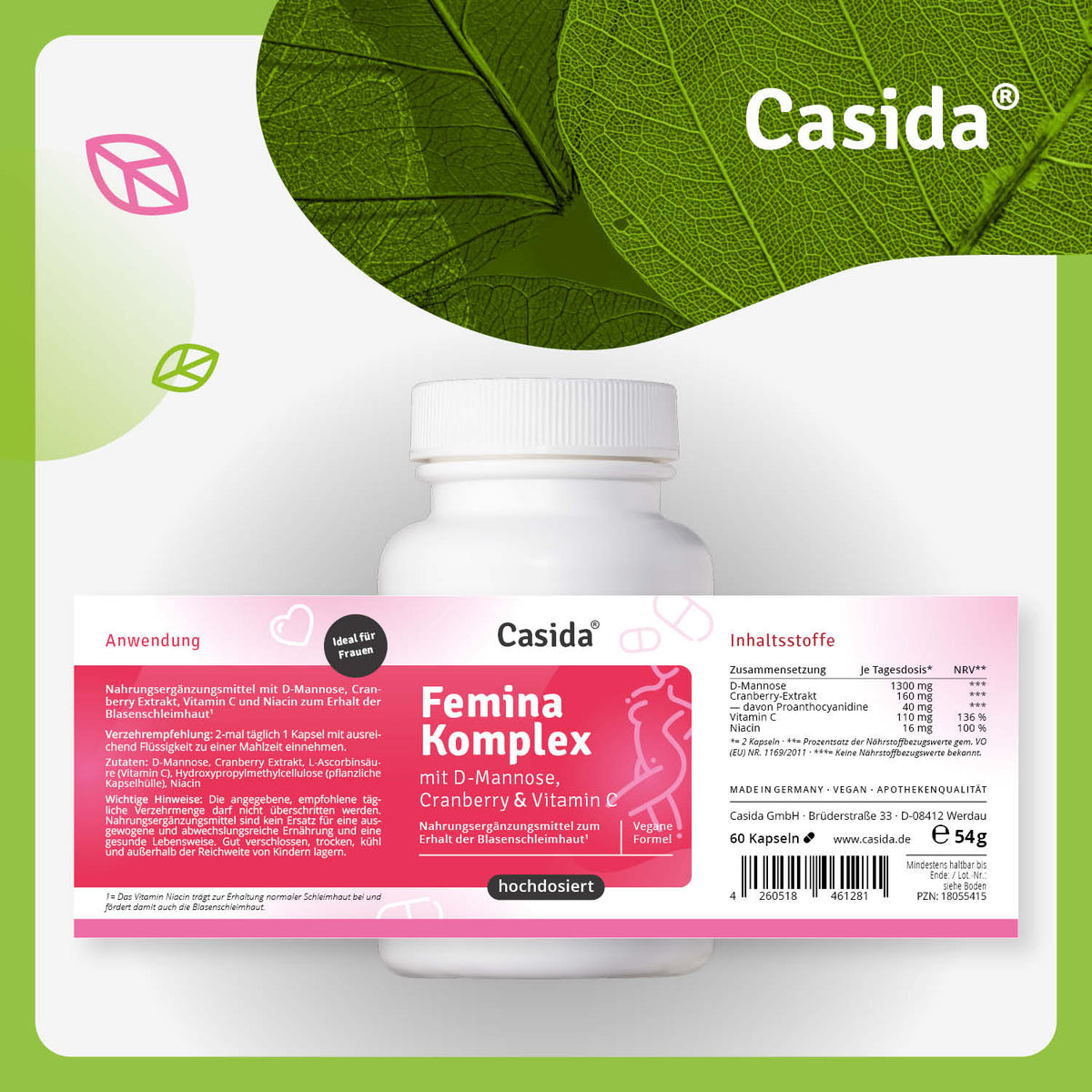 Femina Komplex mit D-Mannose, Cranberry & Vitamin C Etikett