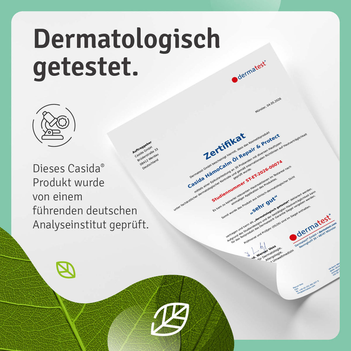 Dermatest-Zertifikat für Casida HämoCalm Repair & Protect mit dem Ergebnis „sehr gut“