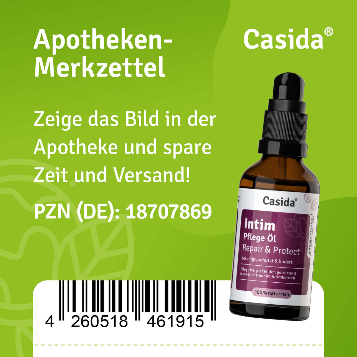 Intimpflege Öl Repair & Protect in a brown glass bottle with a dropper, labeled with product details and PZN number.