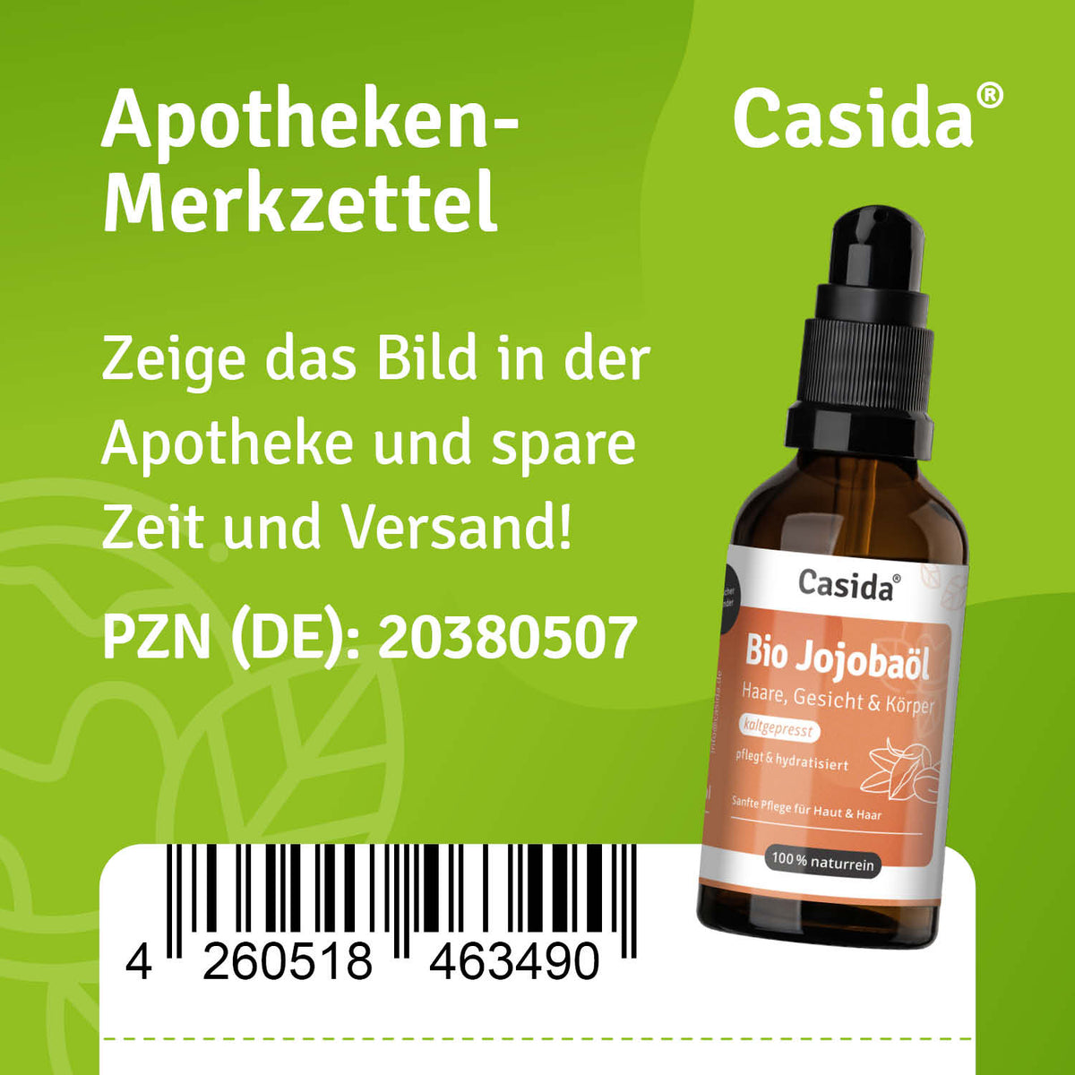 Jojobaöl Bio in brauner Glasflasche mit PZN 20380507, für Haare, Gesicht und Körper, auf grünem Hintergrund.