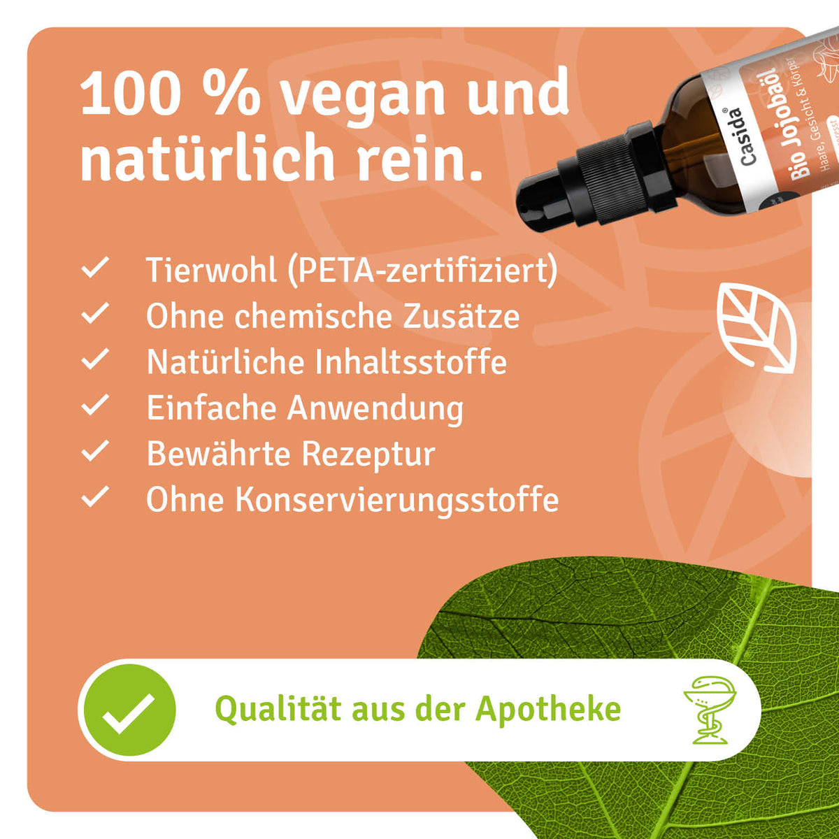 Jojobaöl Bio kaltgepresst in brauner Flasche, mit grüner Blattform und veganen, natürlichen Inhaltsstoffen.