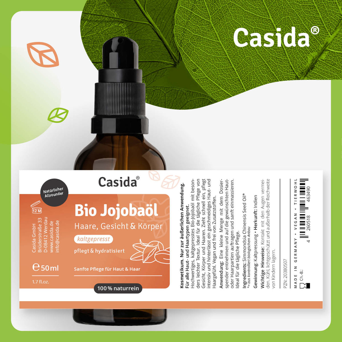 Casida bio jojoba oil bottle with a black pump top, 50 ml, labeled for hair, face, and body care.