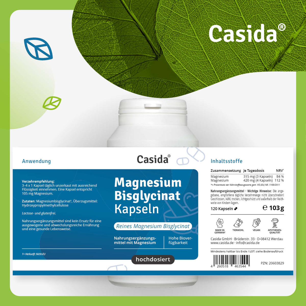 Casida bisglycinat magnesium capsules in a white bottle with a blue label, containing 120 capsules.