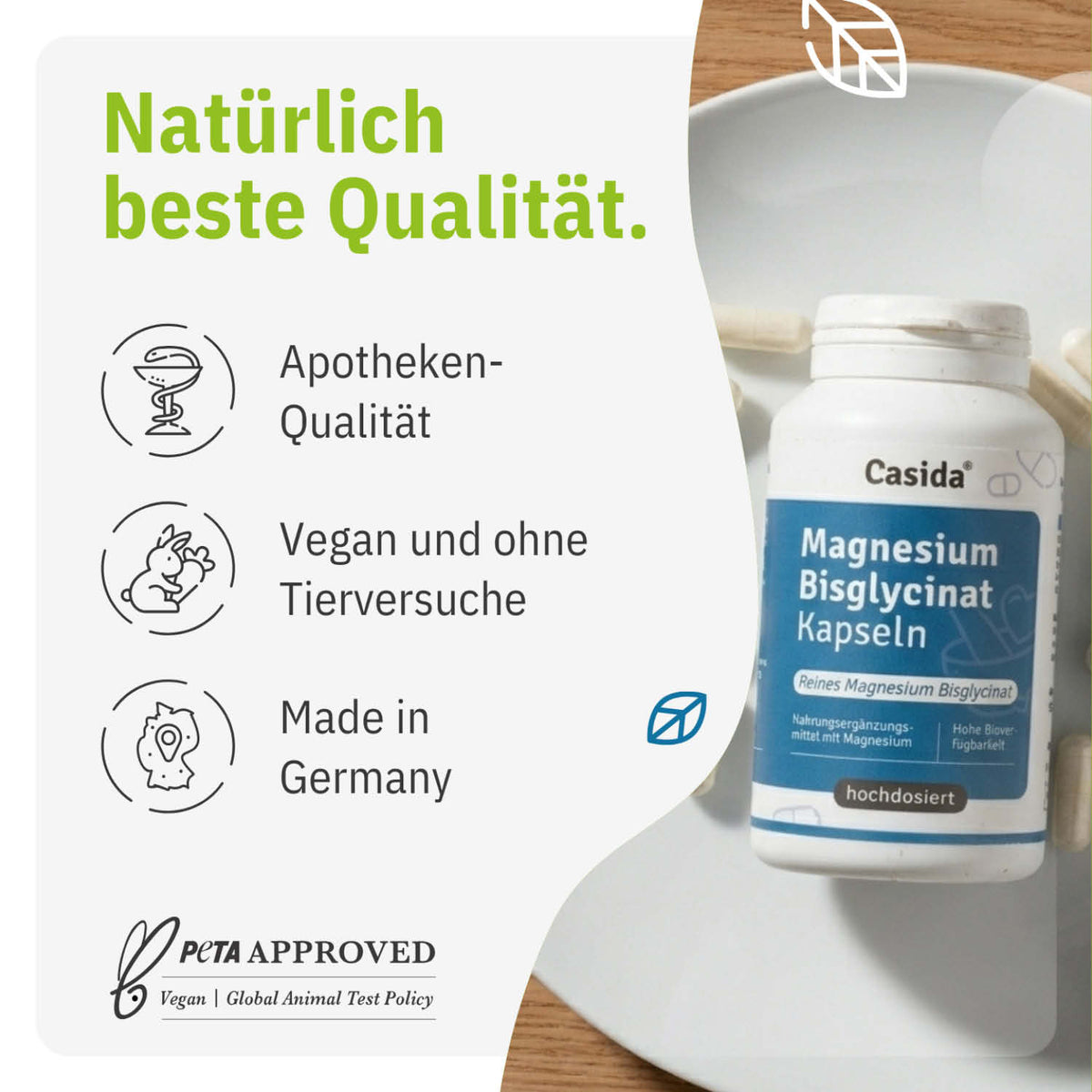 Casida magnesium bisglycinate capsules in a white bottle with green accents, labeled as vegan and made in Germany.