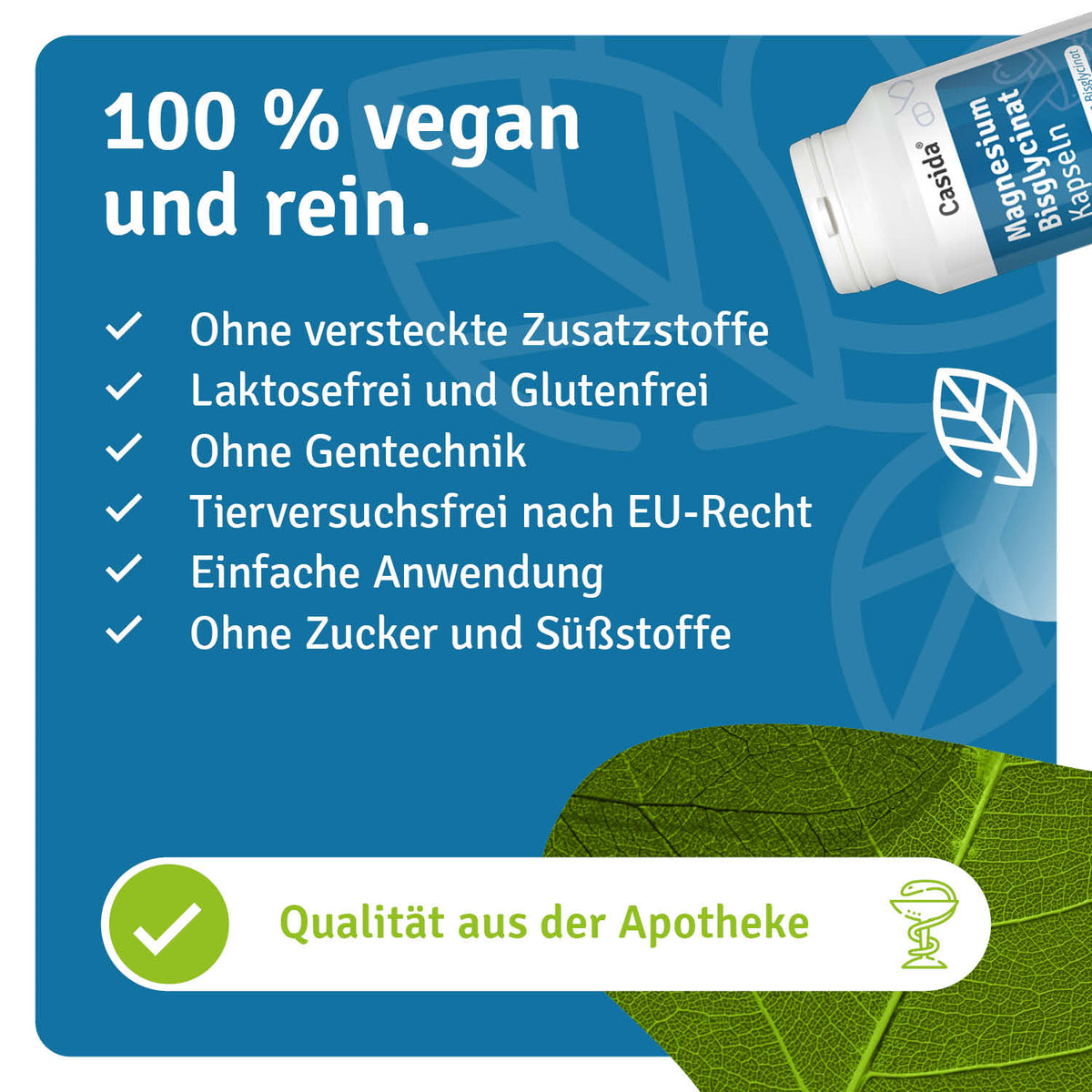 Bisglycinat magnesium capsules in a white bottle with blue label, featuring vegan and gluten-free text and green leaf back...