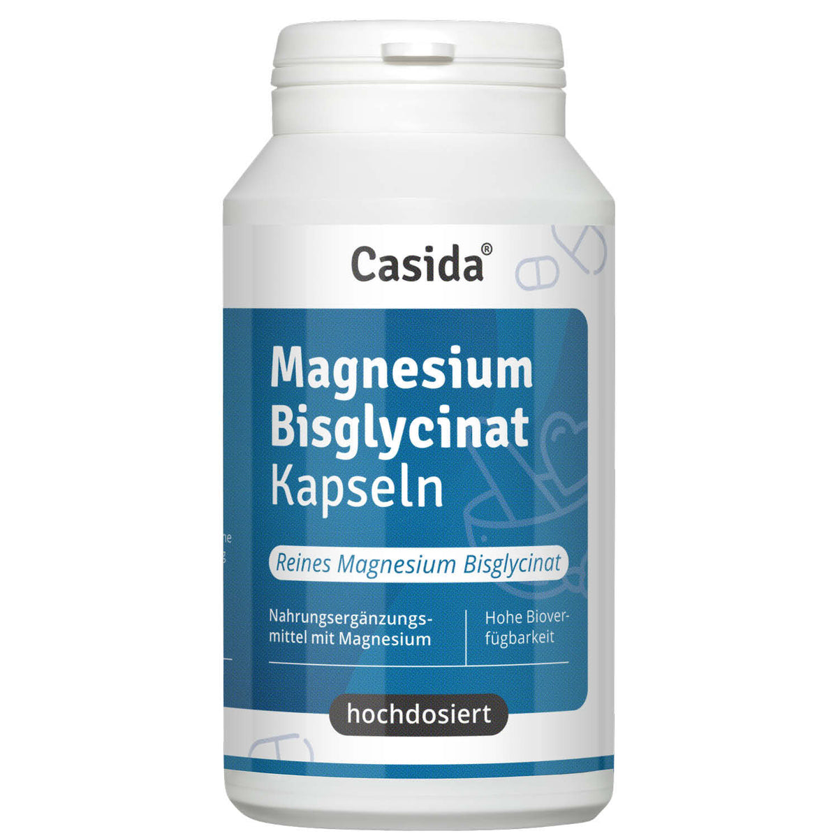 Casida magnesium bisglycinate capsules in a white container with a blue label, containing 120 capsules.