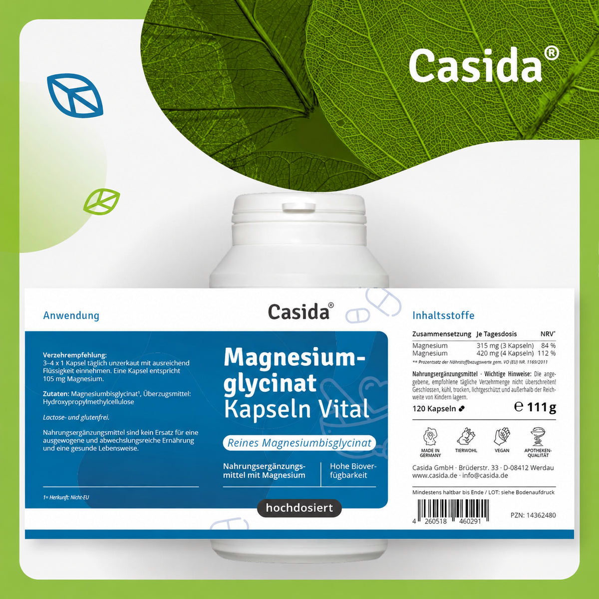 Magnesium Glycinat Kapseln Vital Etikett
