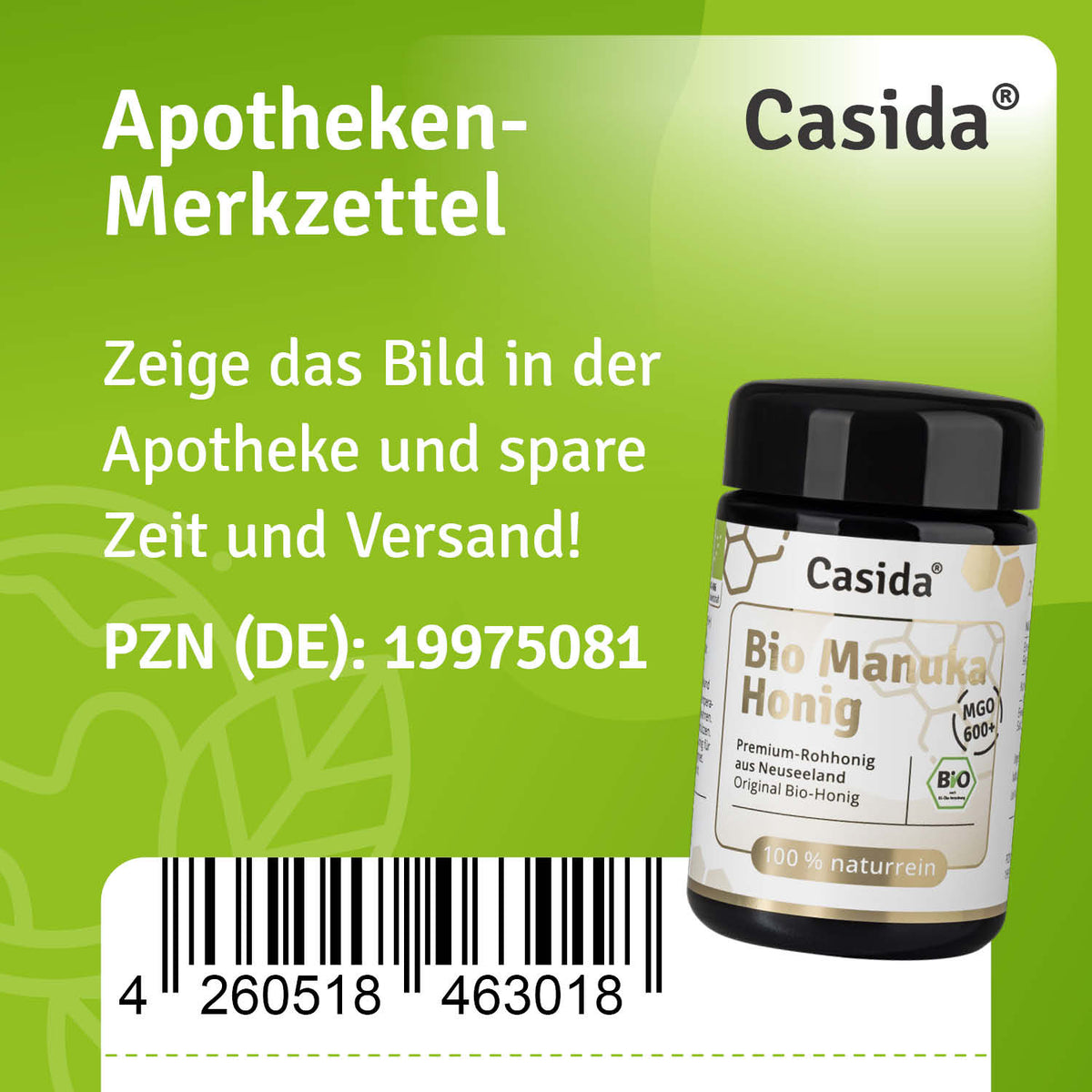 Bio Manuka honig MGO 600+ in a black jar with a green label, featuring product details and barcode on a light background.