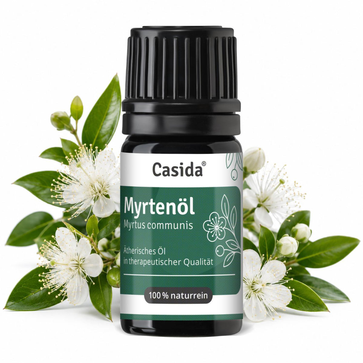 Casida Myrtenöl in dunkler Flasche neben grünen Myrtenblättern und weißen Blüten