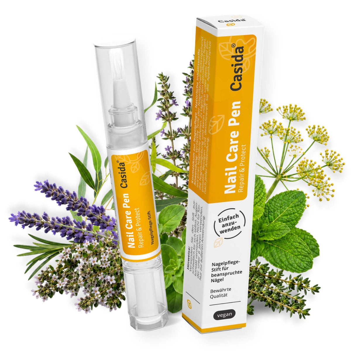 Casida Nail Care Pen Repair & Protect mit Umverpackung, umgeben von Kräutern und Blüten