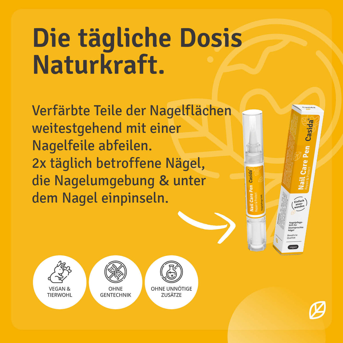 Anwendungshinweise zum Einpinseln der Nägel mit Casida Nail Care Pen Repair & Protect
