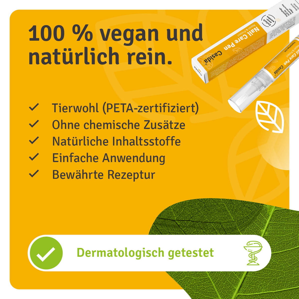 Infografik zu Casida Nail Care Pen mit Angaben zu veganer Rezeptur und dermatologischer Prüfung