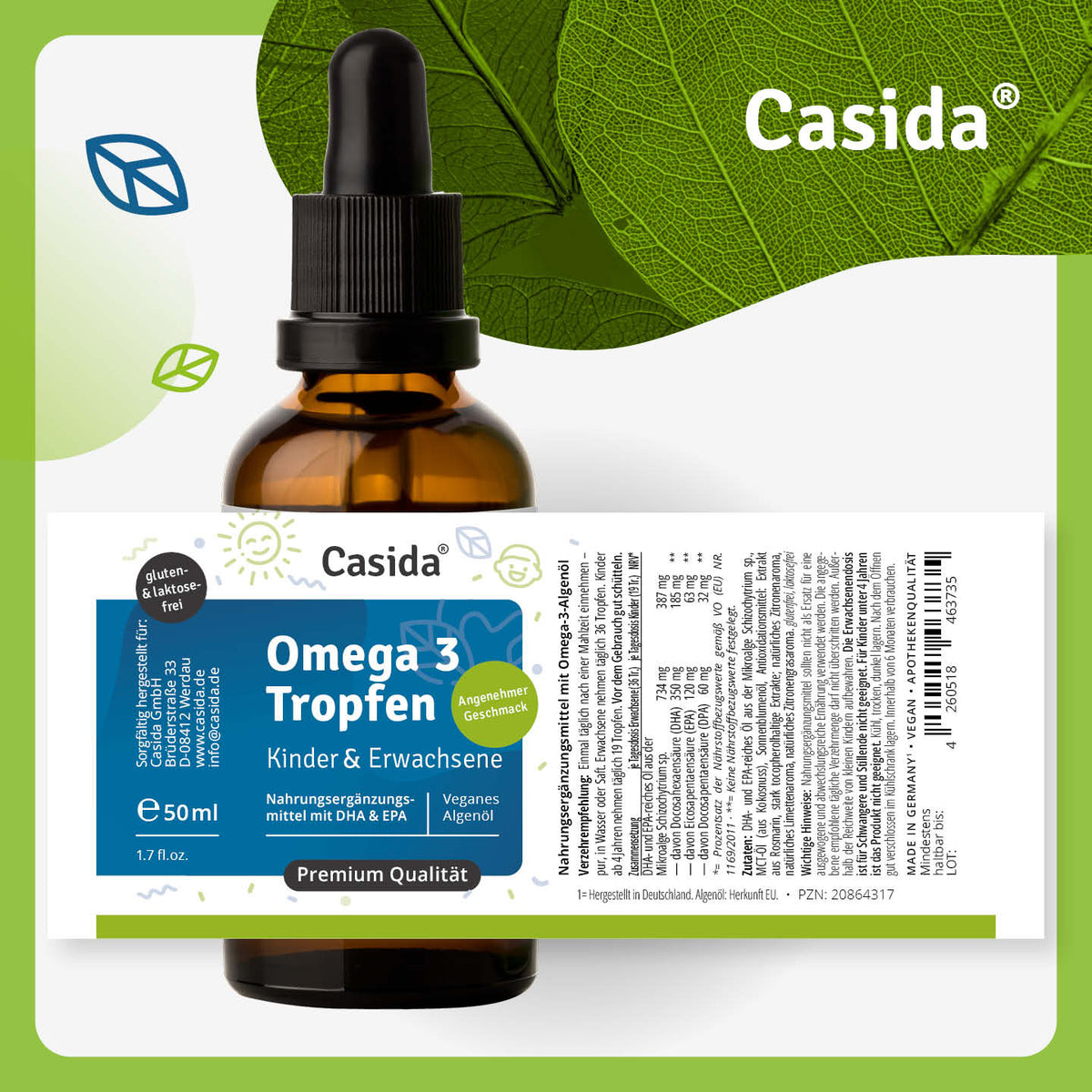 Etikett von Casida Omega 3 Tropfen, 50 ml, mit Inhaltsstoffen und Einnahmehinweisen