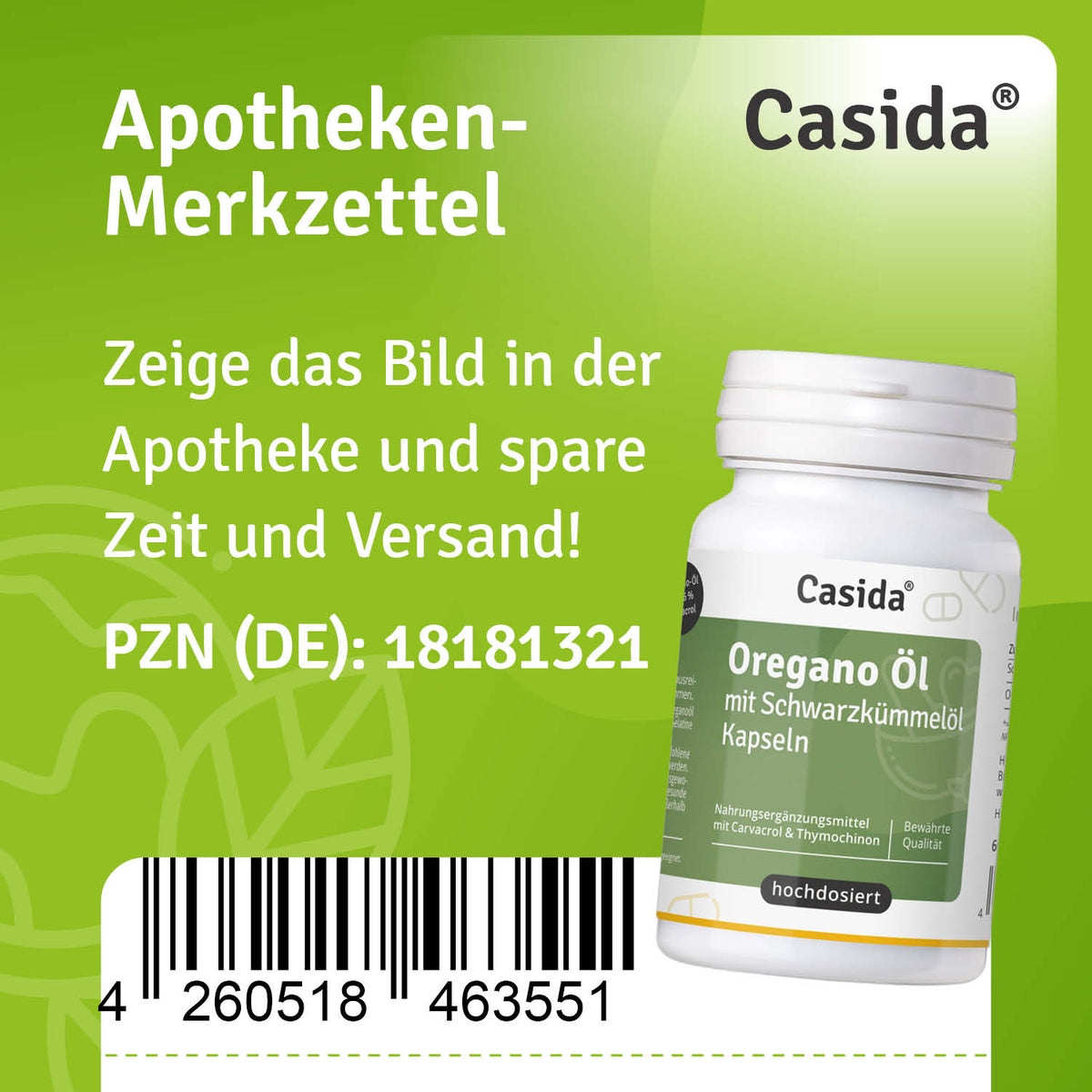Apotheken-Merkzettel für Casida Oregano-Öl mit Schwarzkümmelöl Kapseln
