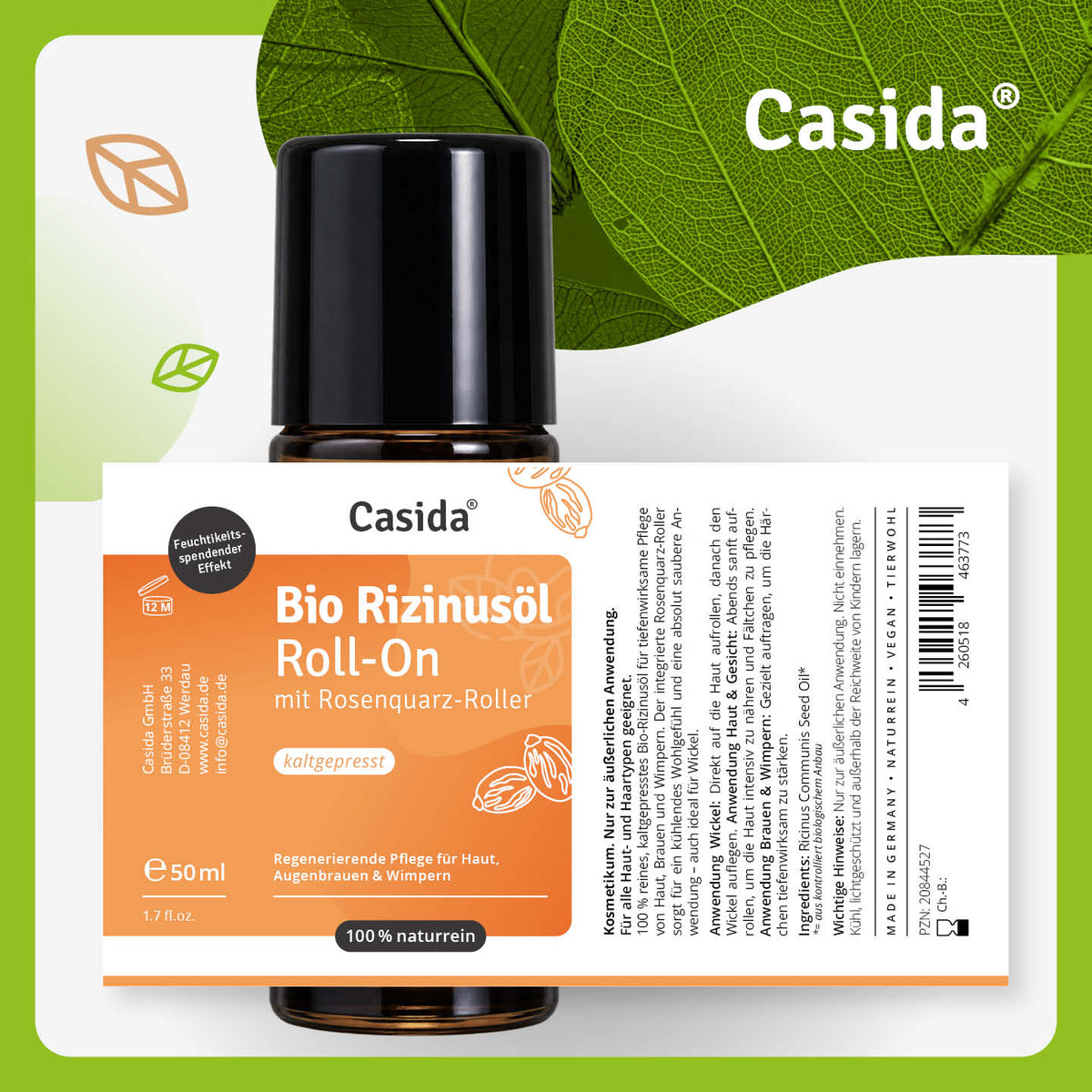 Etikett von Casida Bio Rizinusöl Roll-On mit Rosenquarz-Roller, 50 ml