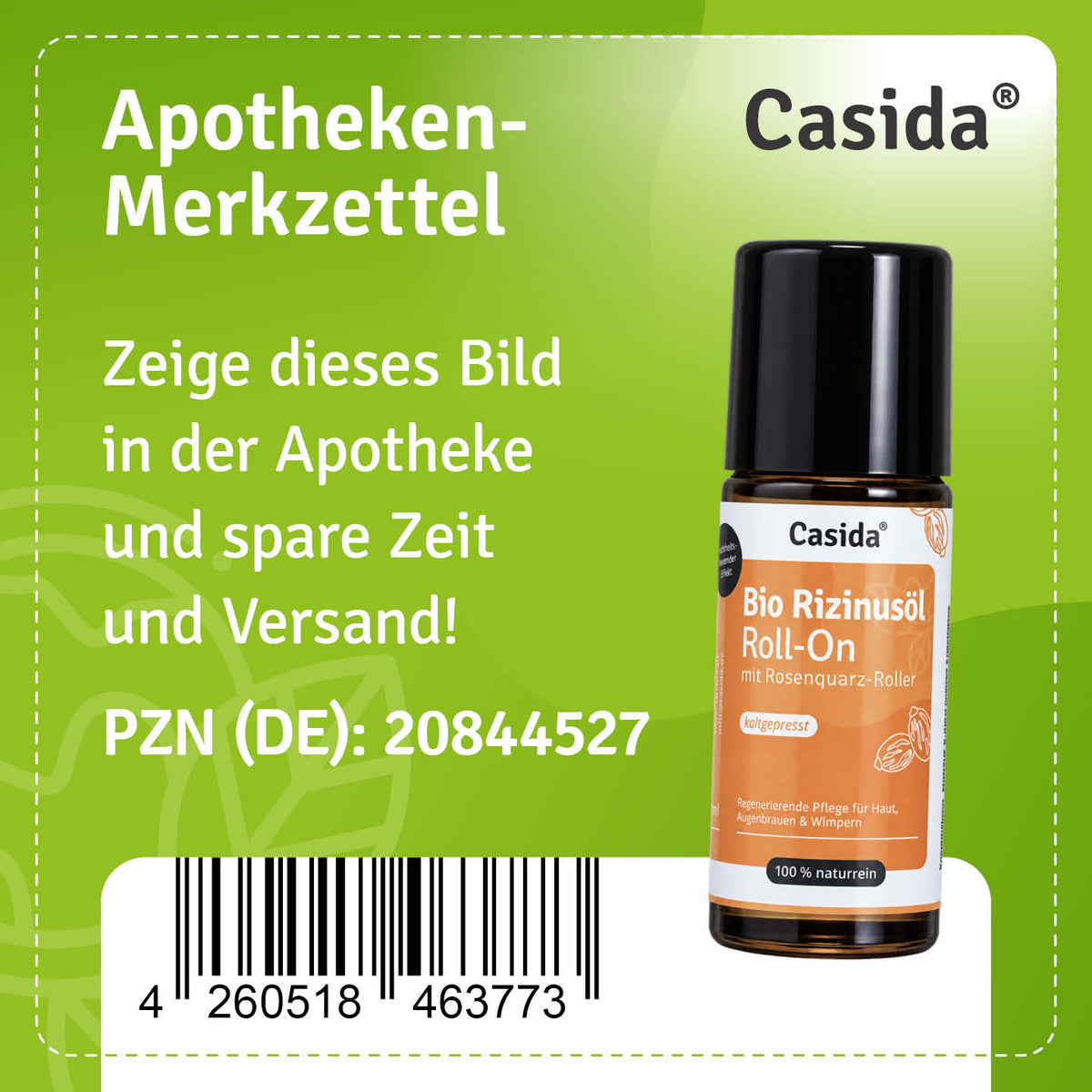 Apotheken-Merkzettel für Casida Bio Rizinusöl Roll-On mit Rosenquarz-Roller, PZN 20844527