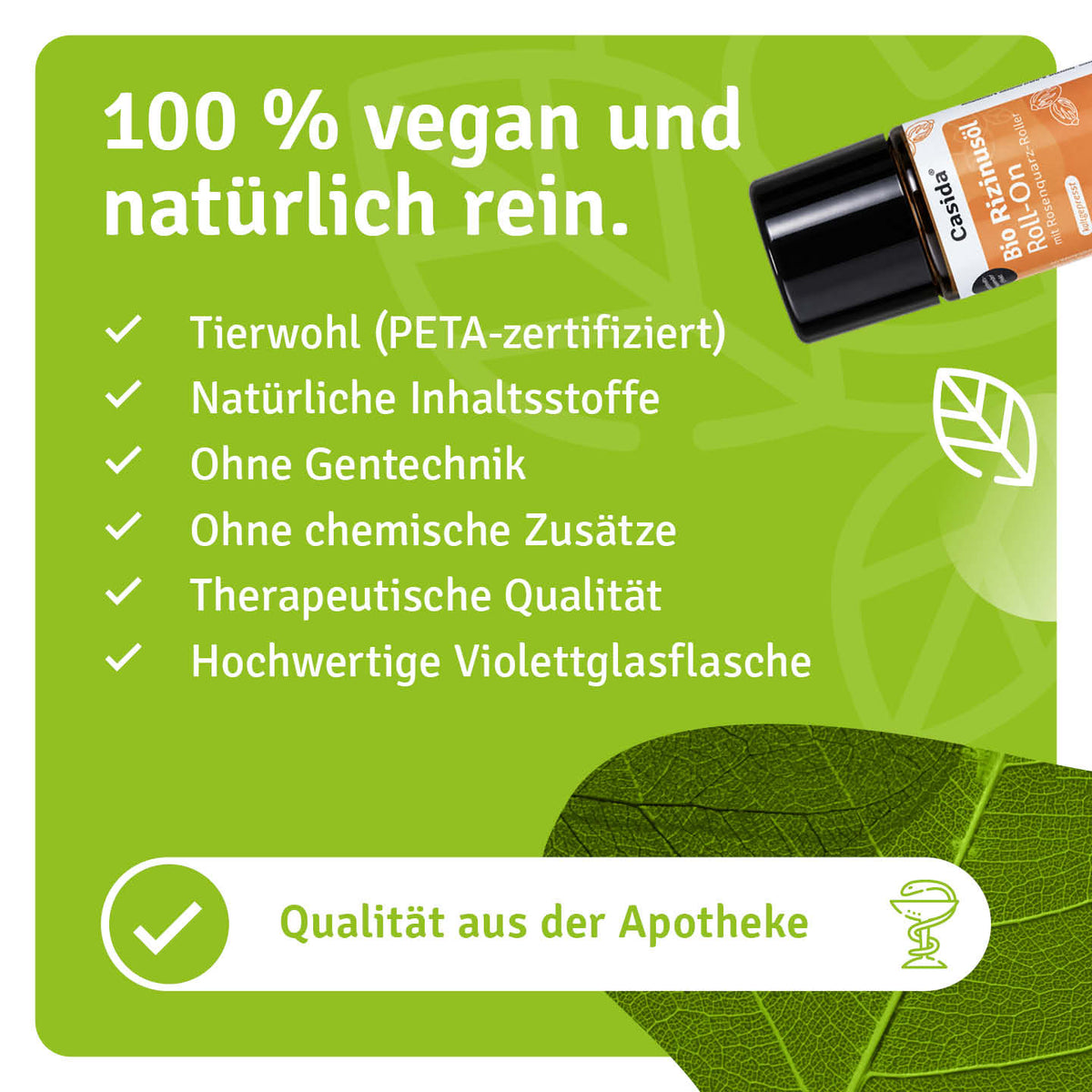 Casida Bio Rizinusöl Roll-On mit Angaben zu veganer Rezeptur, Inhaltsstoffen und Verpackung