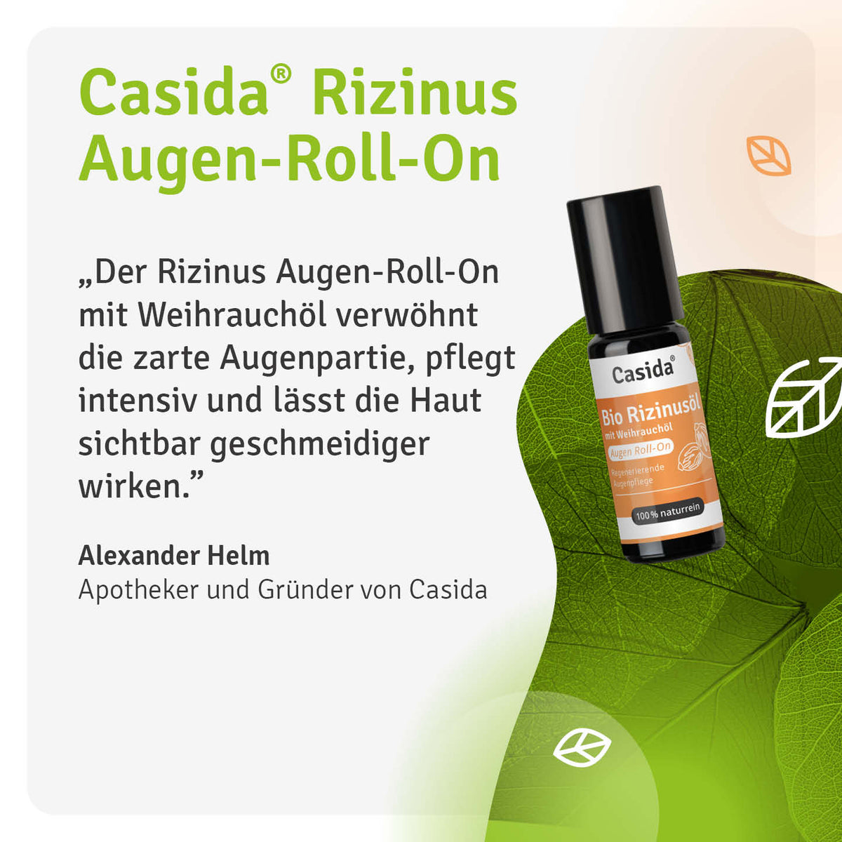Bio Rizinusöl Augen Roll-On with frankincense oil, featuring a black bottle and green leaf background.