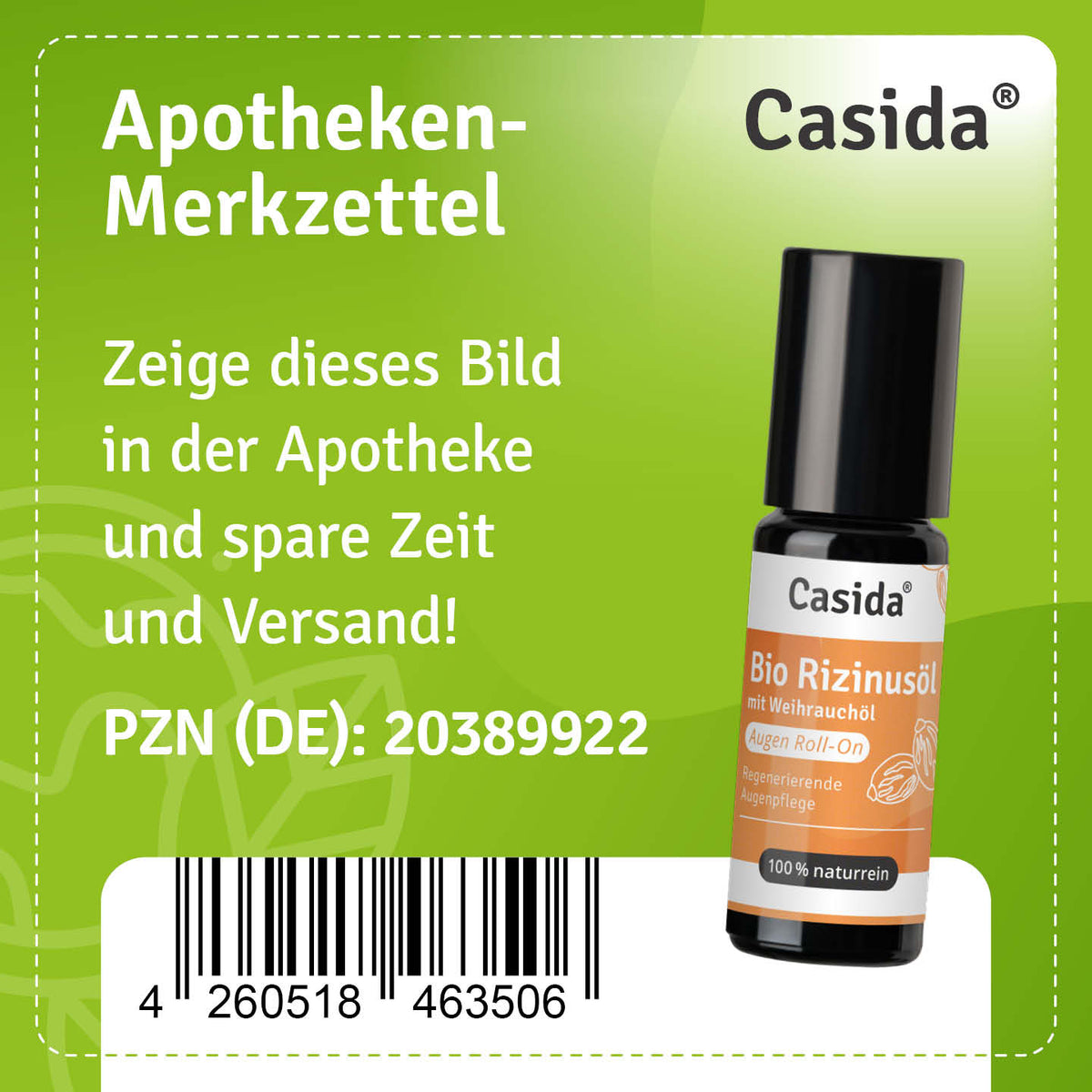 Bio Rizinusöl Augen Roll-On with frankincense oil in a black bottle, displayed on a green background with product details.