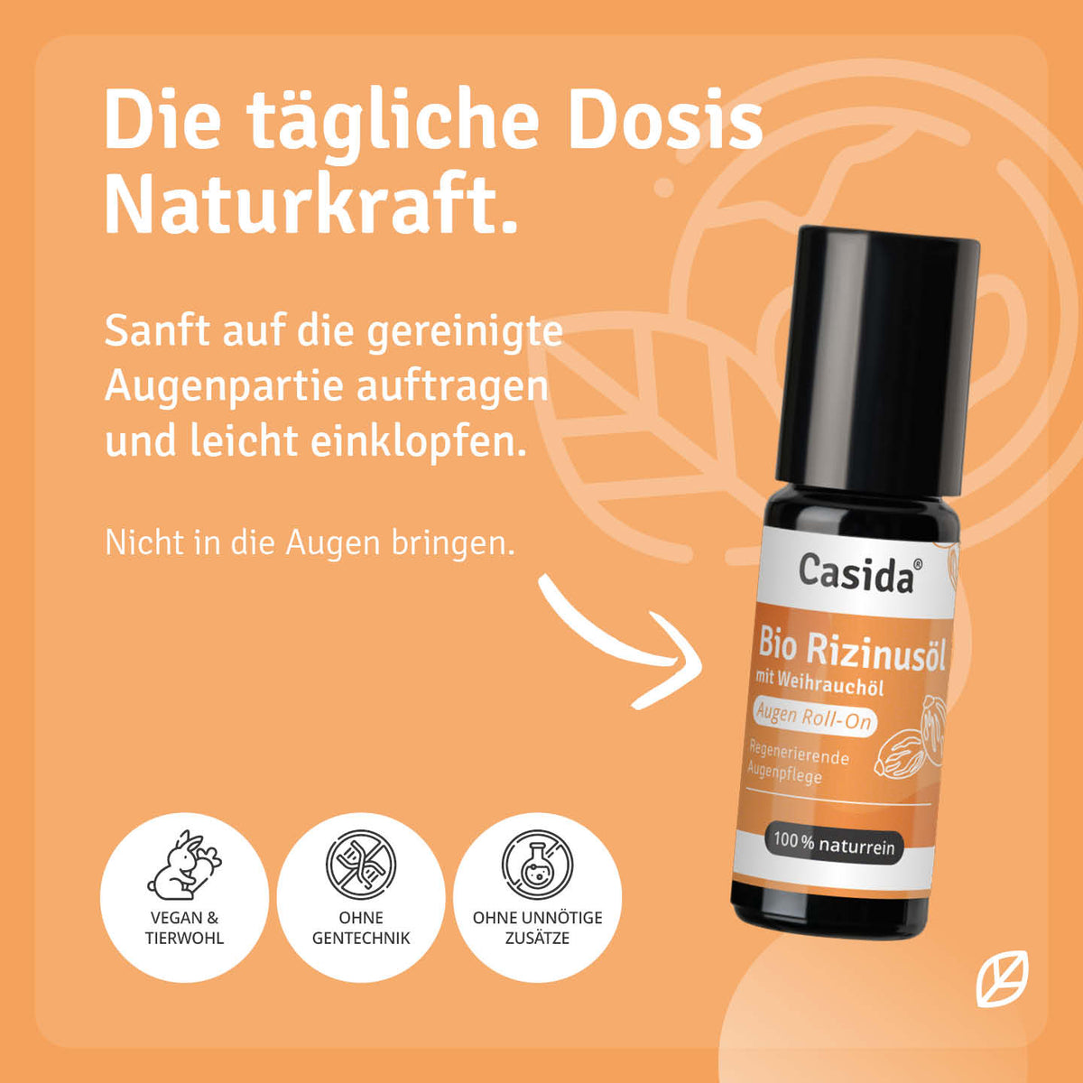 Bio castor oil roll-on with frankincense oil in a small black bottle, featuring an orange background and product details.