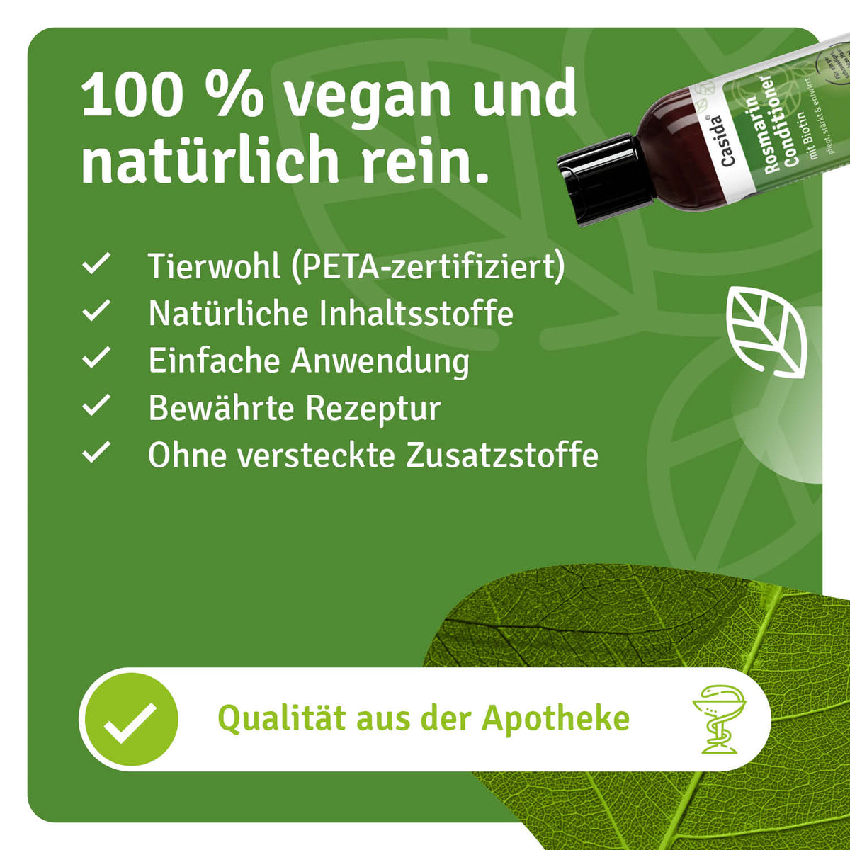 Rosmarin conditioner with biotin in a green bottle, featuring natural ingredients and vegan certification details.