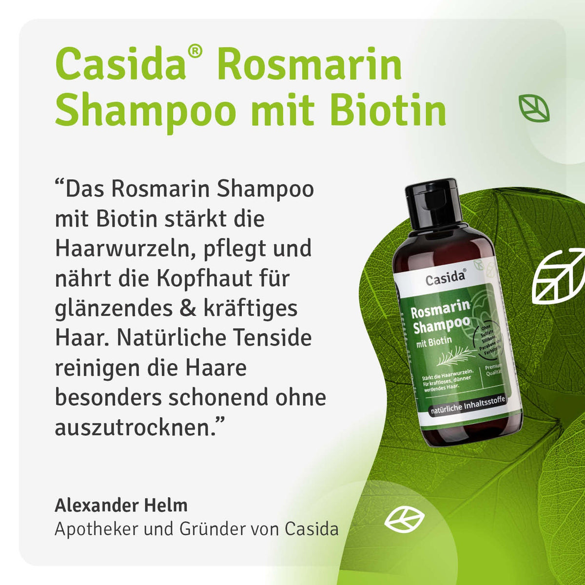 Rosmarin shampoo and conditioner set with biotin, featuring a dark bottle and green label with leaf design.