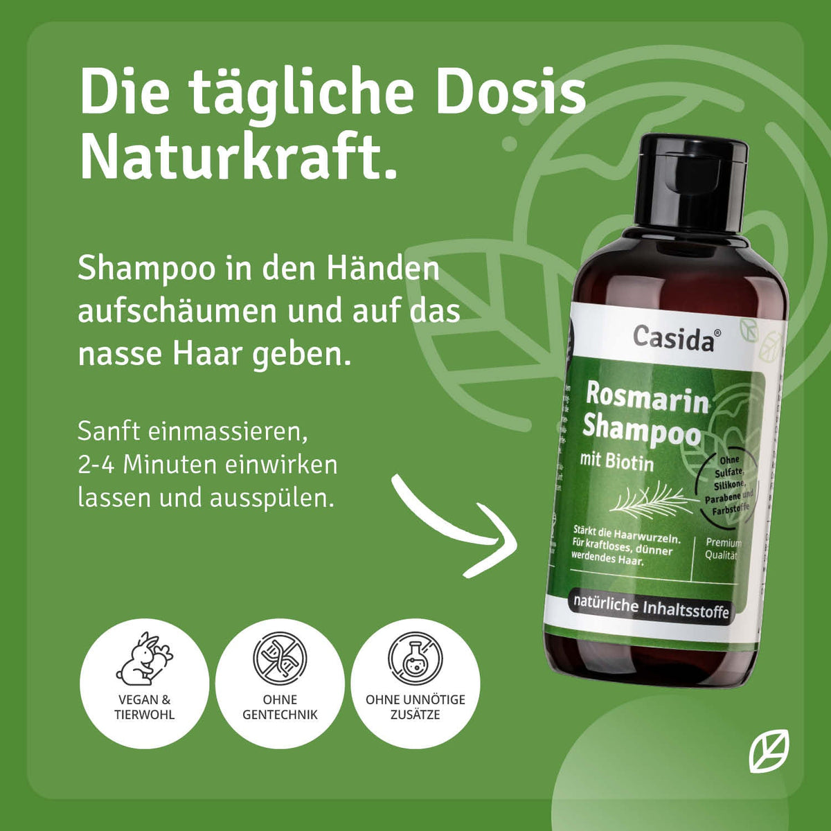 Rosmarin shampoo and conditioner set with biotin, featuring a dark bottle and green label with usage instructions.
