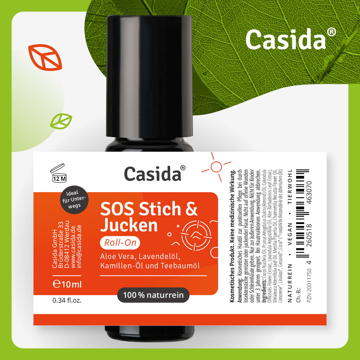 SOS Roll-On Stich & Jucken, 10 ml bottle with a black cap, featuring a white label with red accents and green leaf backgro...