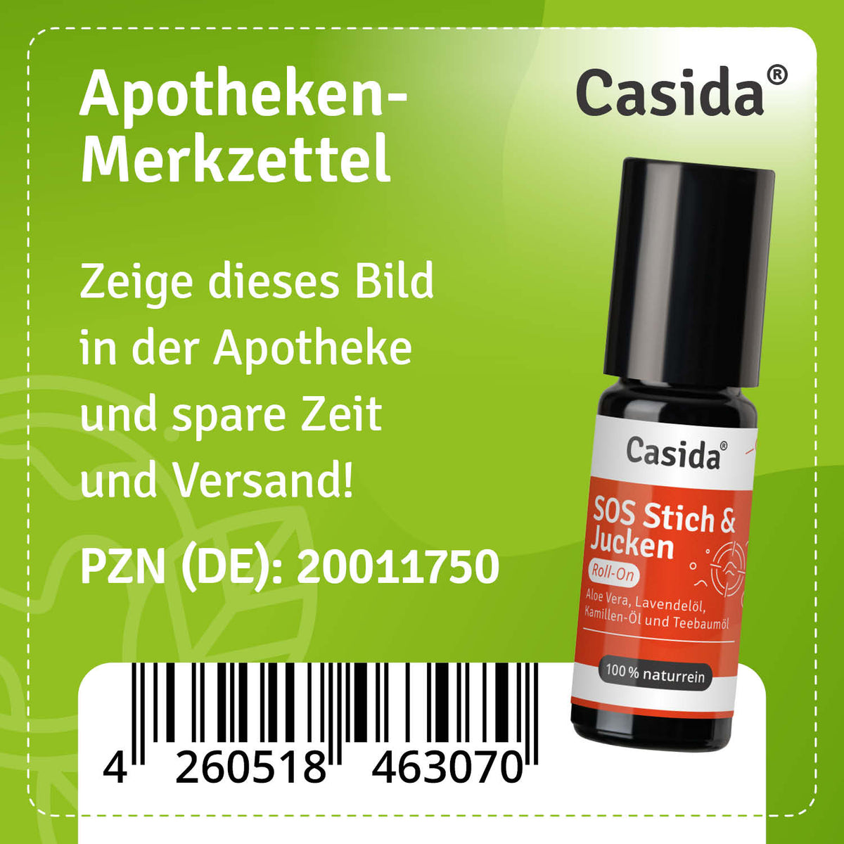 SOS Roll-On Stich & Jucken in a 10 ml bottle with a black cap and orange label, featuring natural ingredients.