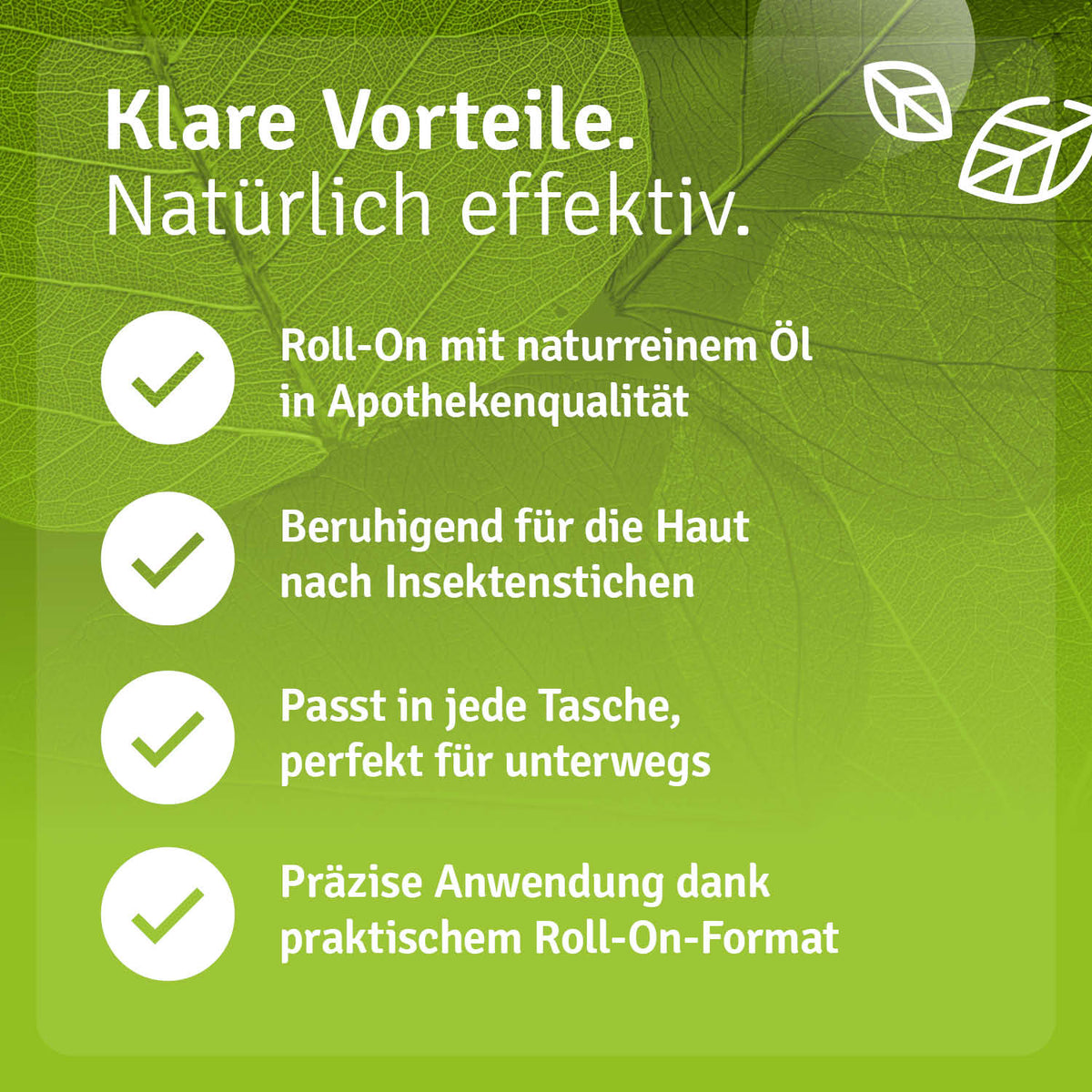 SOS Roll-On Stich & Jucken in a green background, featuring text about its benefits and roll-on application format.