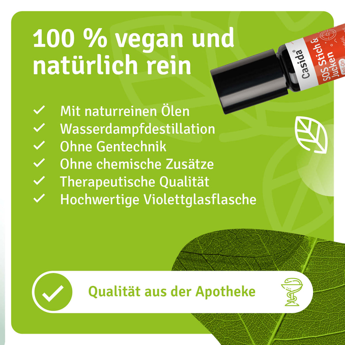 SOS Roll-On Stich & Jucken in a violet glass bottle with a black cap, featuring text about its vegan and natural ingredients.