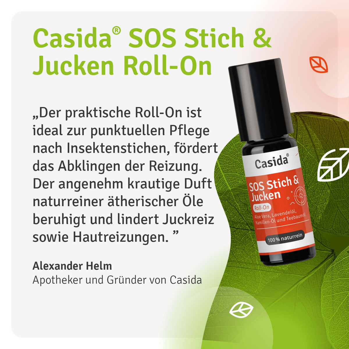 Casida SOS Roll-On Stich & Jucken, a black roll-on bottle with green label, designed for insect bite relief.