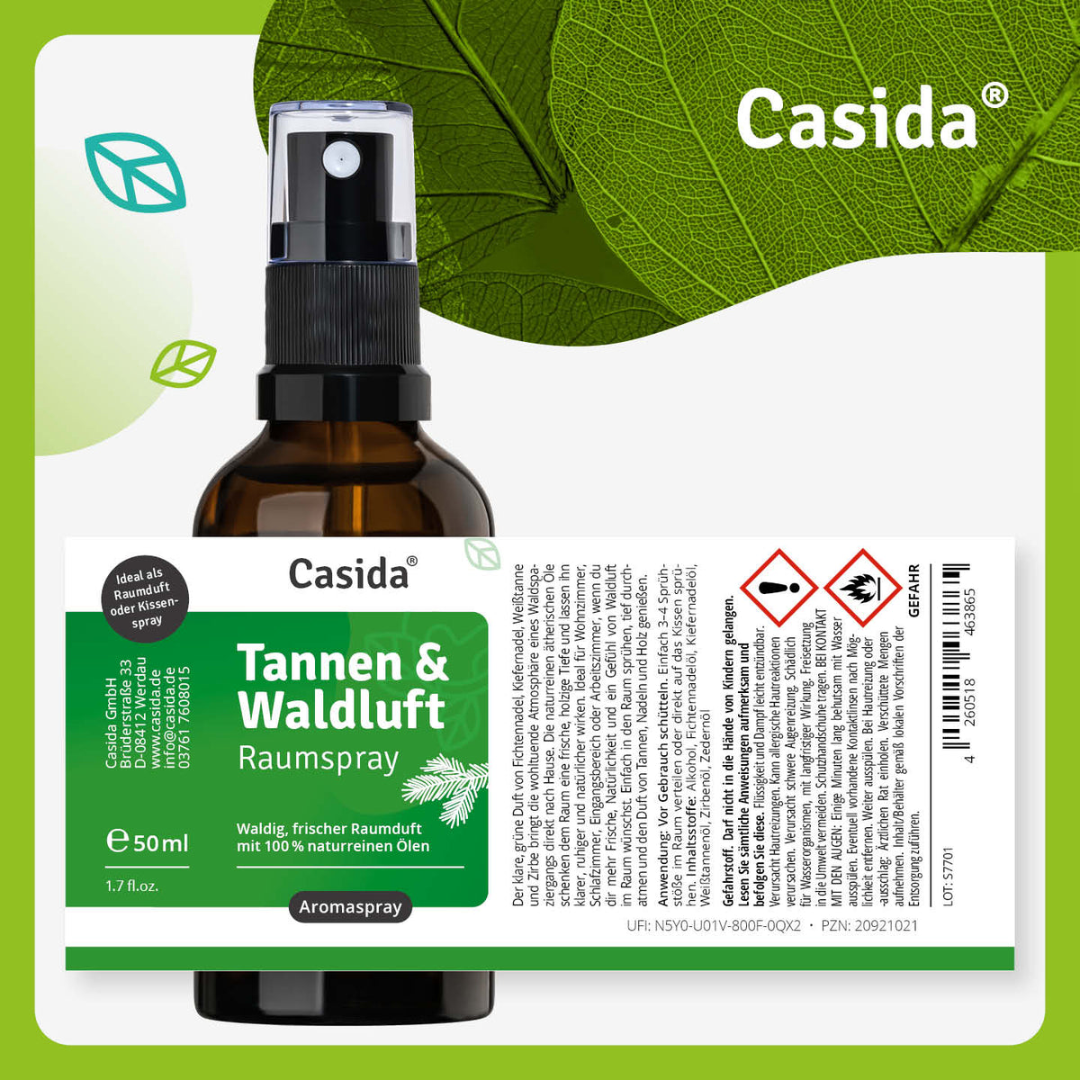 Etikett von Casida Tannen & Waldluft Raumspray, 50 ml, mit Anwendung und Gefahrenpiktogrammen
