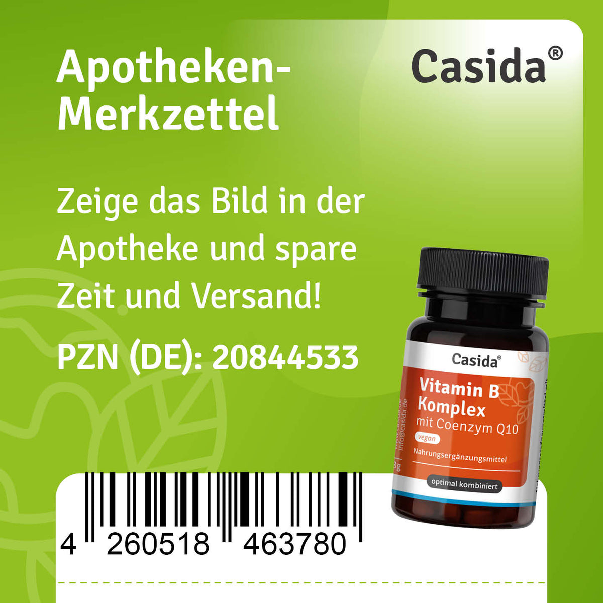 Apotheken-Merkzettel für Casida Vitamin B Komplex mit Coenzym Q10, PZN 20844533