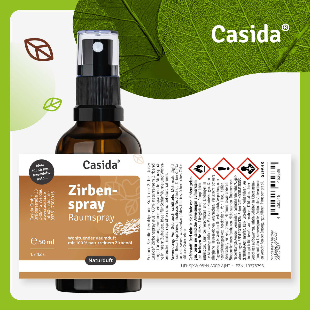 Zirbenspray - Raum- & Kissenspray mit Zirbenöl Etikett