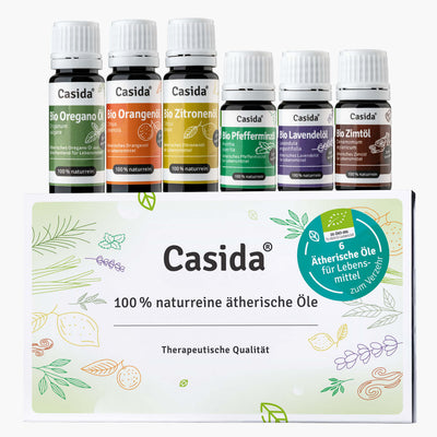 Casida top 6 organic essential oils set, featuring oregano, orange, lemon, peppermint, lavender, and cinnamon oils.