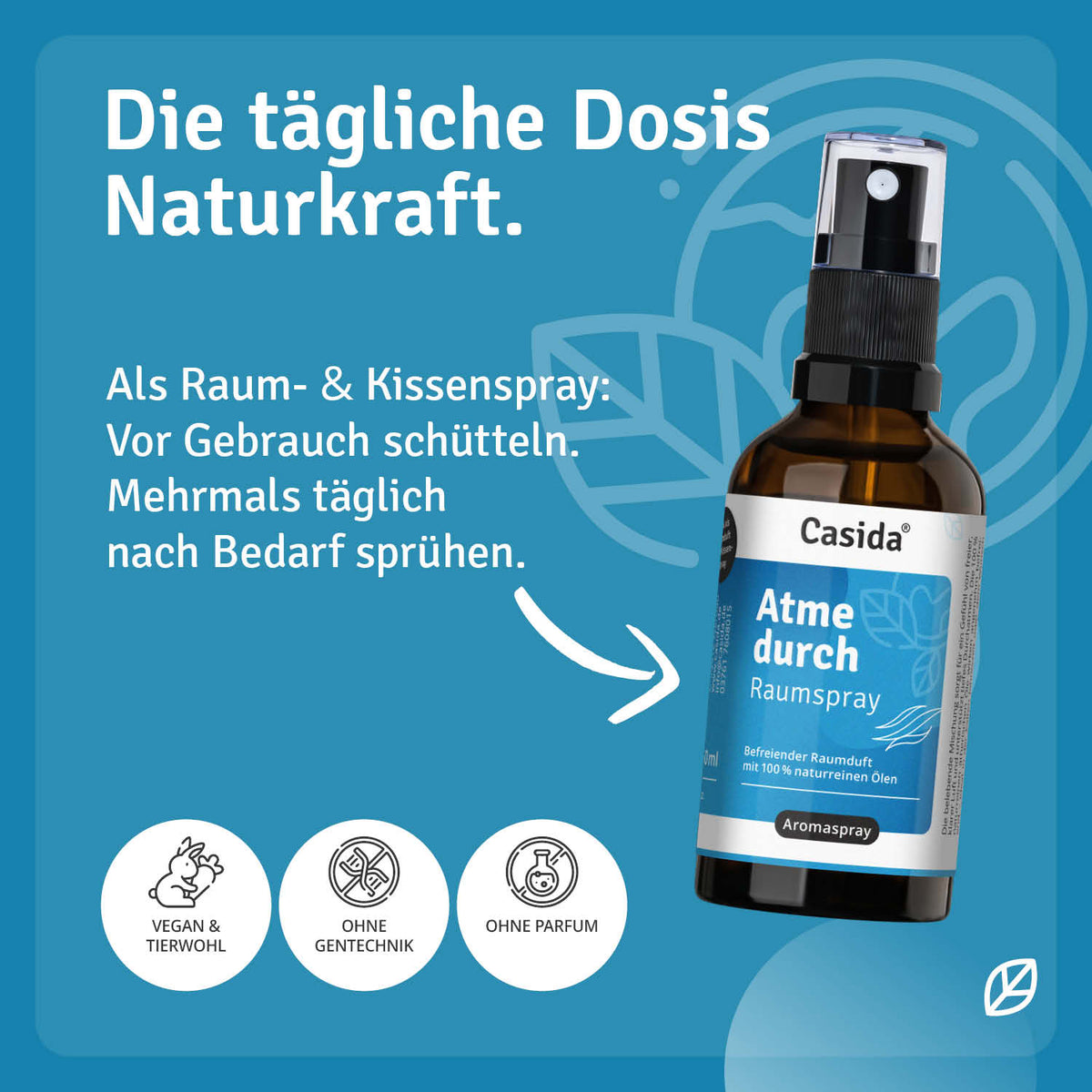 Atme durch raumspray in a brown bottle with a black spray nozzle, featuring a blue background and text details.