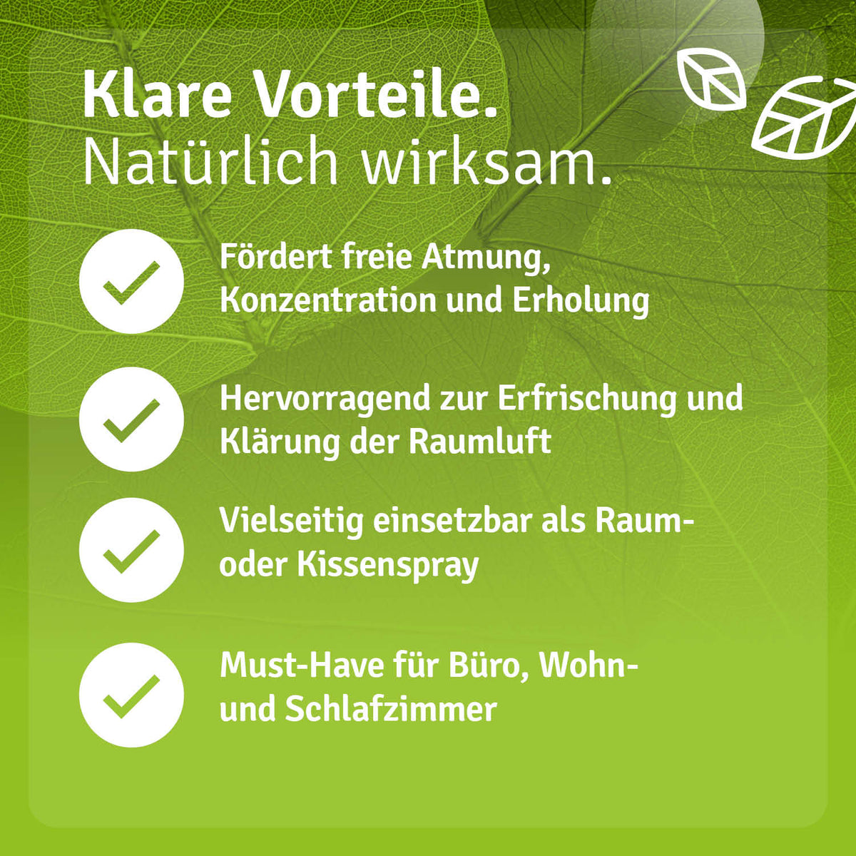 Grüne Infografik zu den beworbenen Eigenschaften des Casida Atme-durch-Raumsprays.