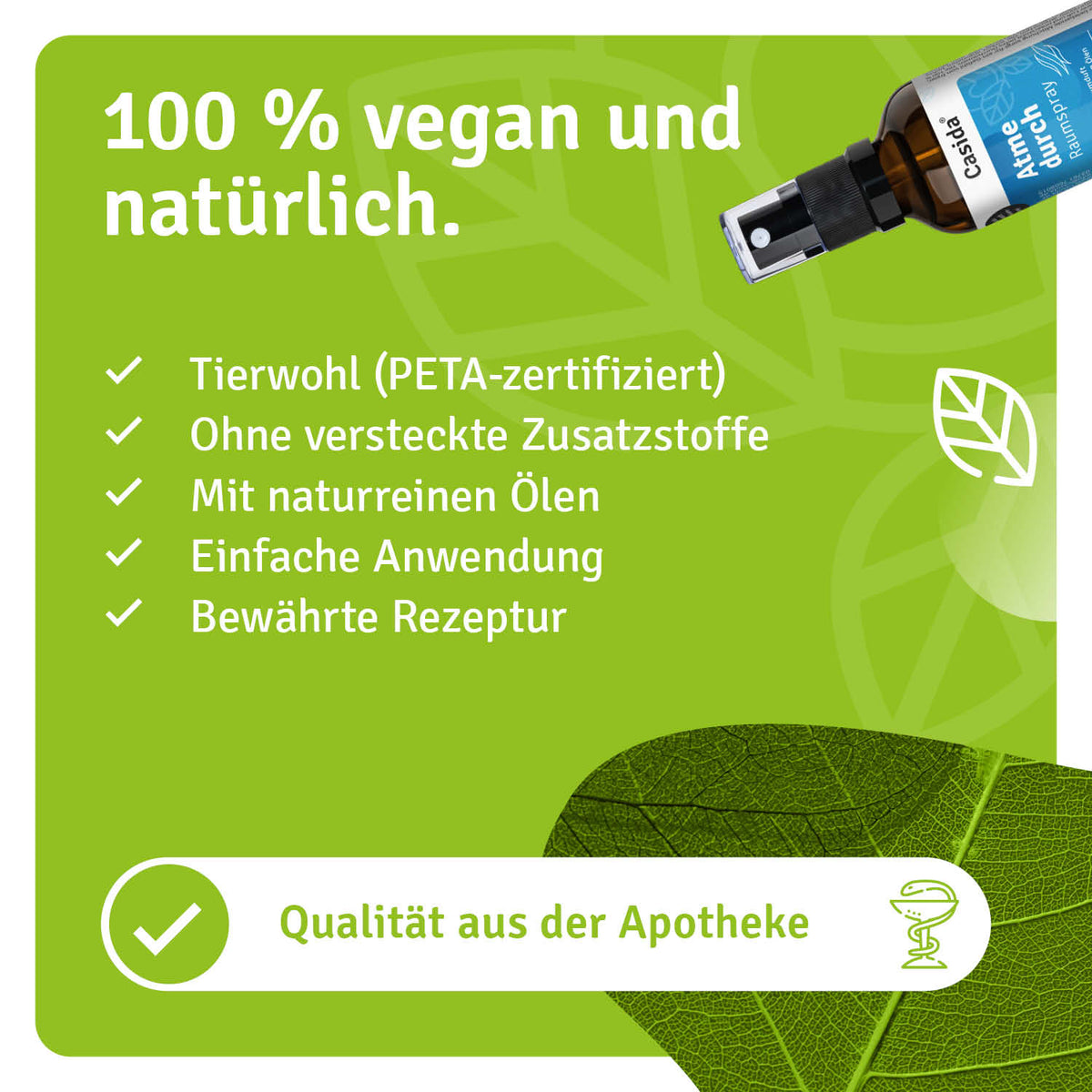 Atme durch Raumspray bottle with a dark brown label, featuring green leaves and text highlighting its vegan and natural qu...
