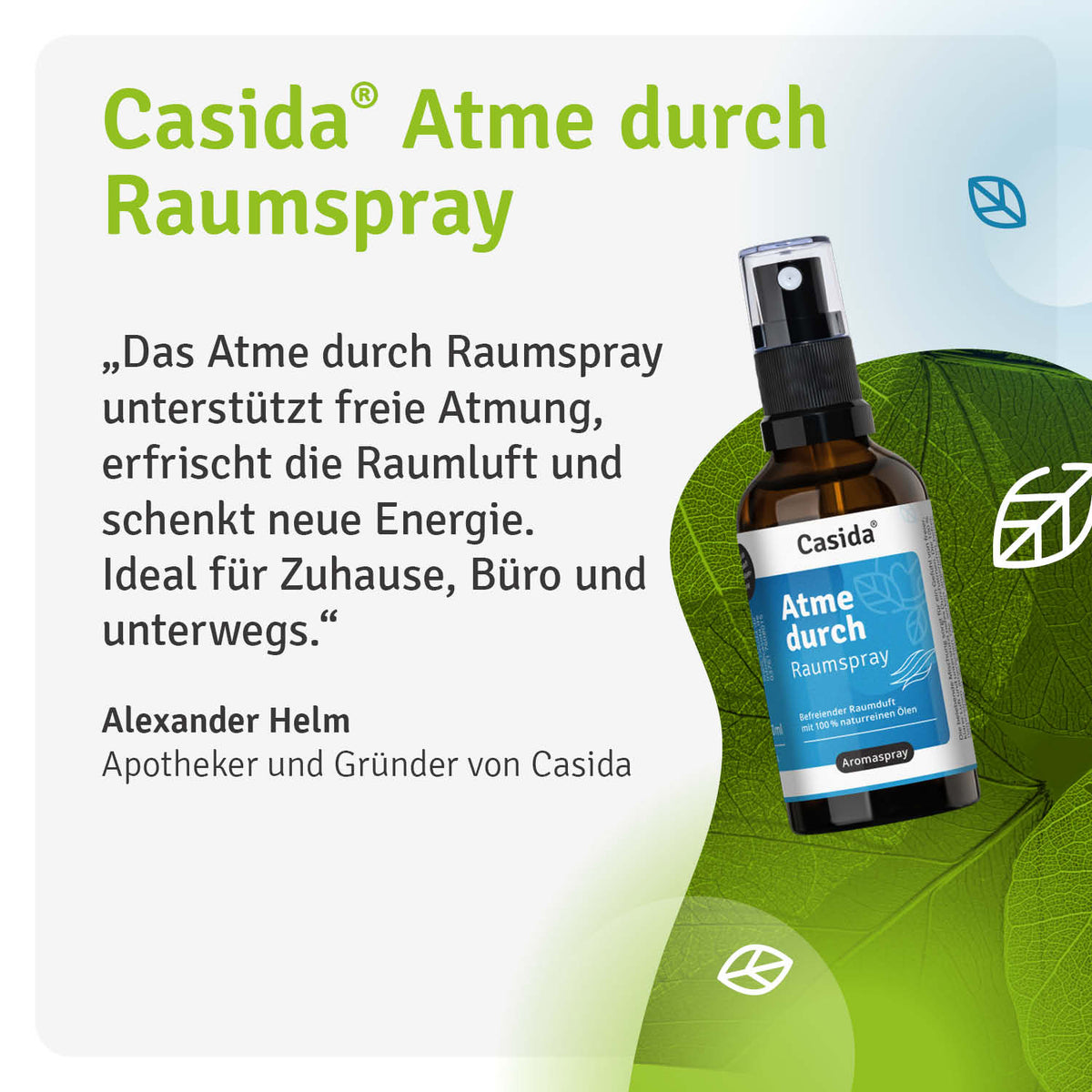 Casida Atme durch Raumspray in a brown bottle with a spray nozzle, featuring green leaf graphics and text description.