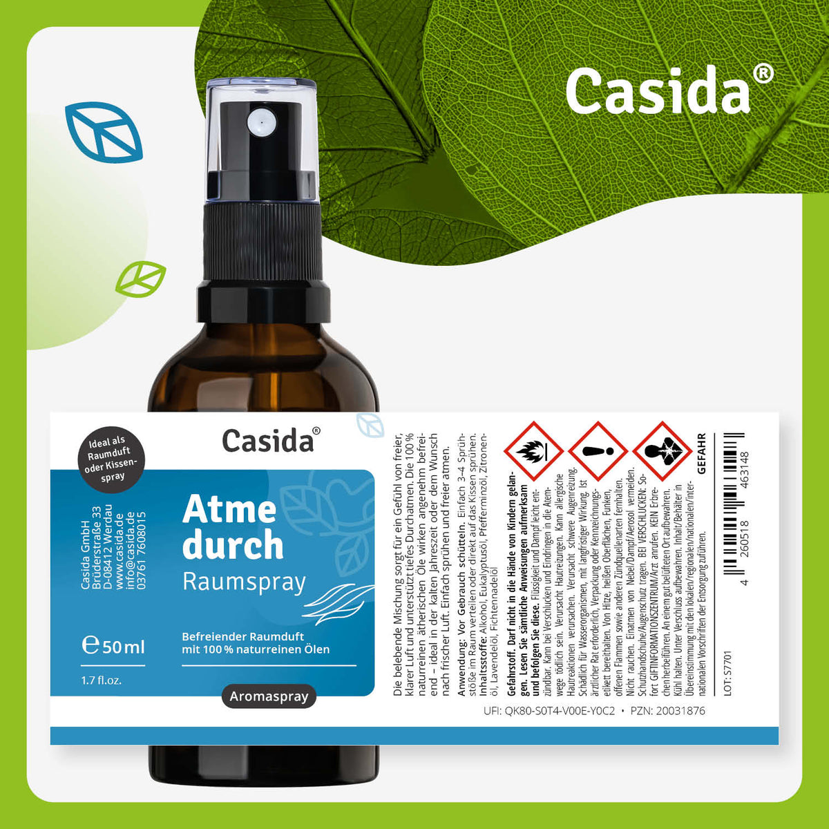 Atme durch raumspray in a 50 ml brown glass bottle with a black spray top and a green label featuring leaf graphics.