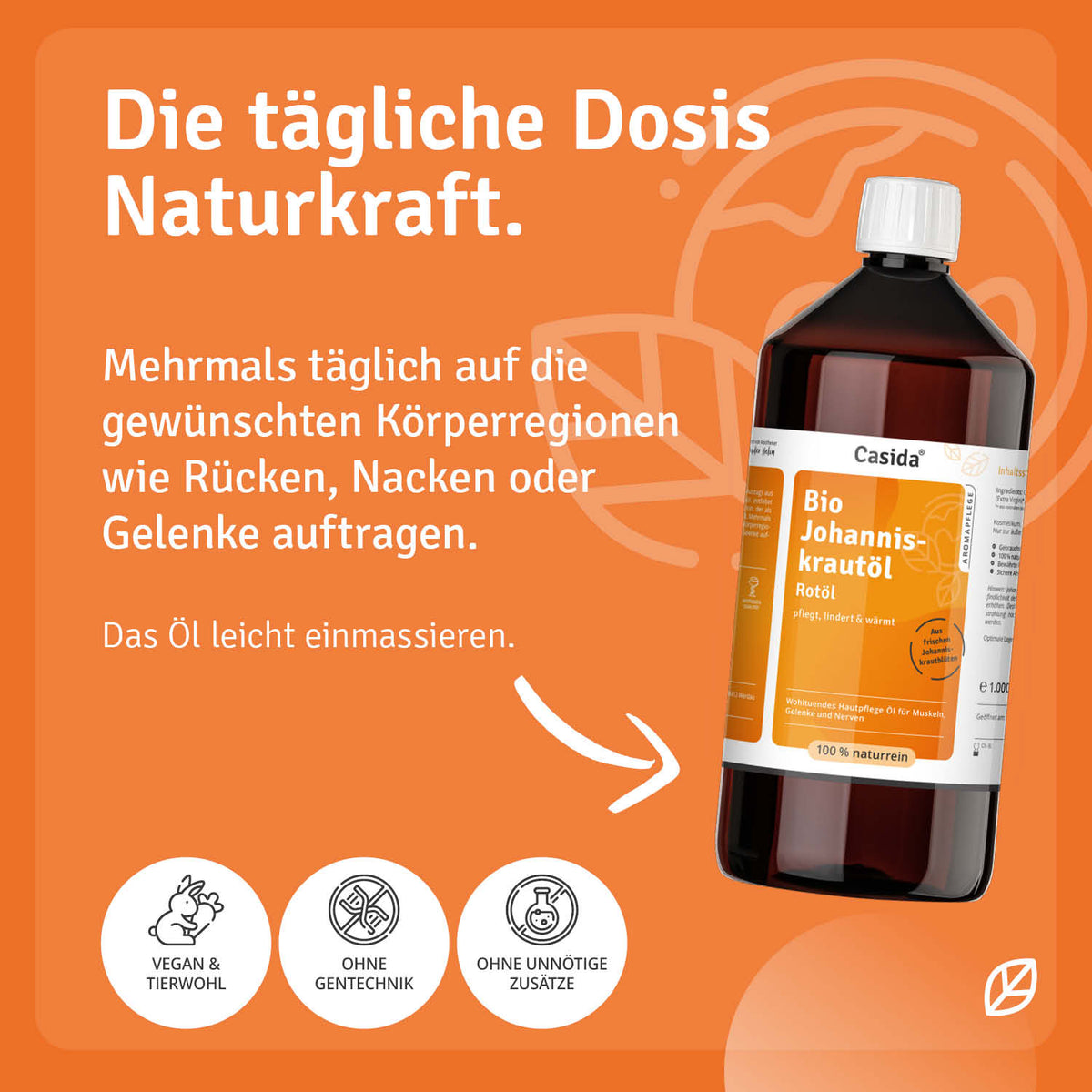 Anwendungshinweise zum Auftragen und Einmassieren von Casida Bio Johanniskrautöl