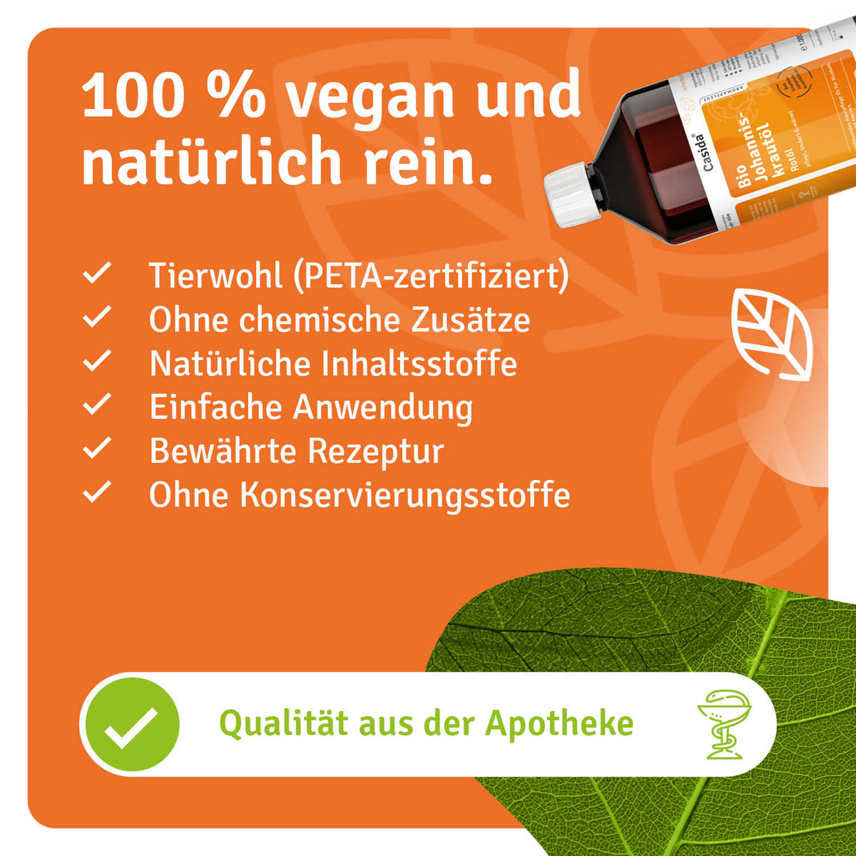 Infografik zur veganen Rezeptur und den Inhaltsstoffen von Casida Bio Johanniskrautöl