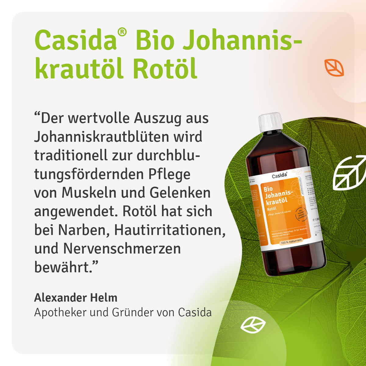 Alexander Helm erläutert die traditionelle Verwendung von Casida Bio Johanniskrautöl Rotöl