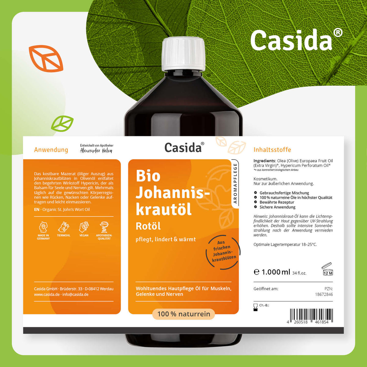 Etikett von Casida Bio Johanniskrautöl Rotöl, 1 Liter, mit Anwendung und Inhaltsstoffen