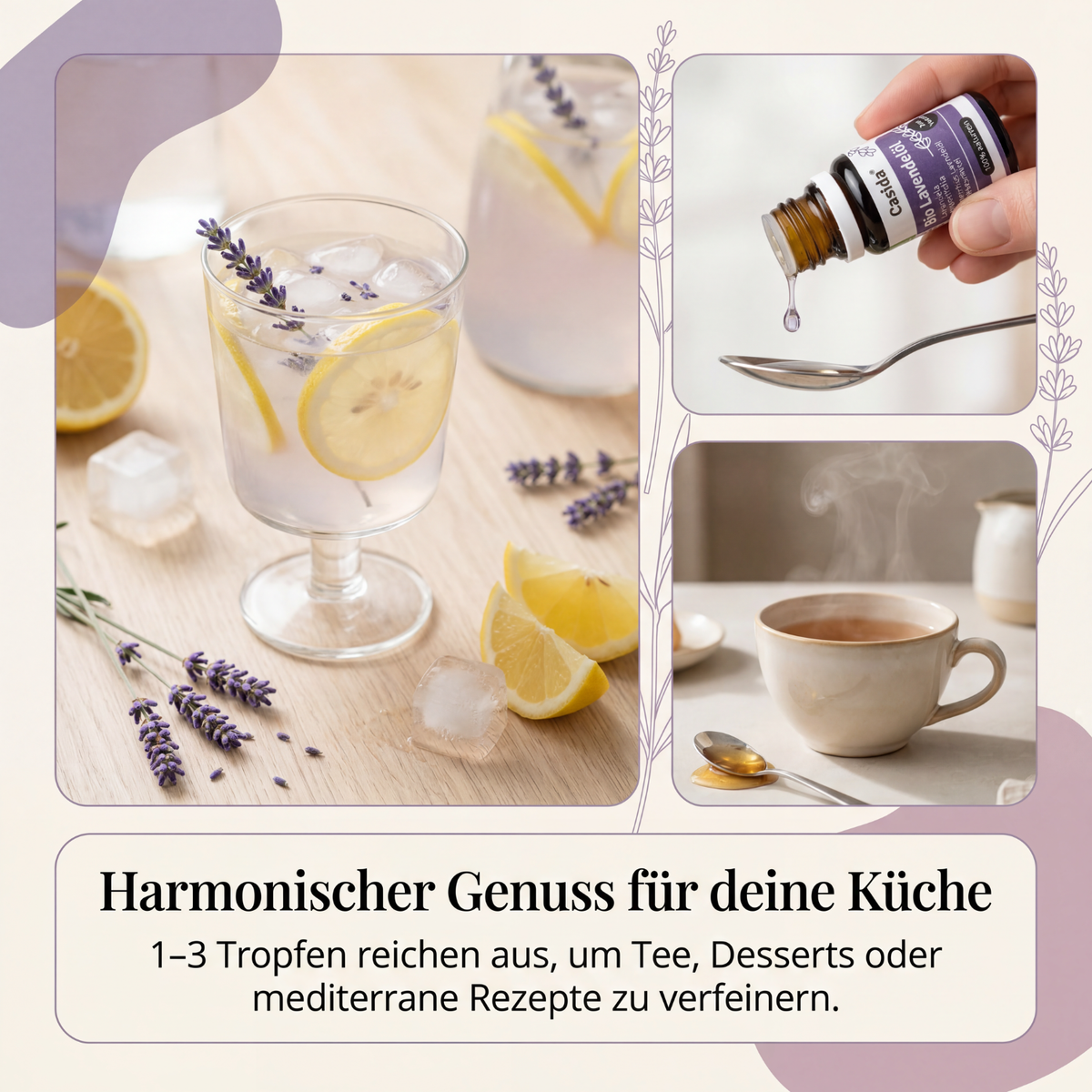 Casida Bio Lavendelöl mit Zitrusgetränk, Teetasse und einer Hand, die Öl auf einen Löffel tropft