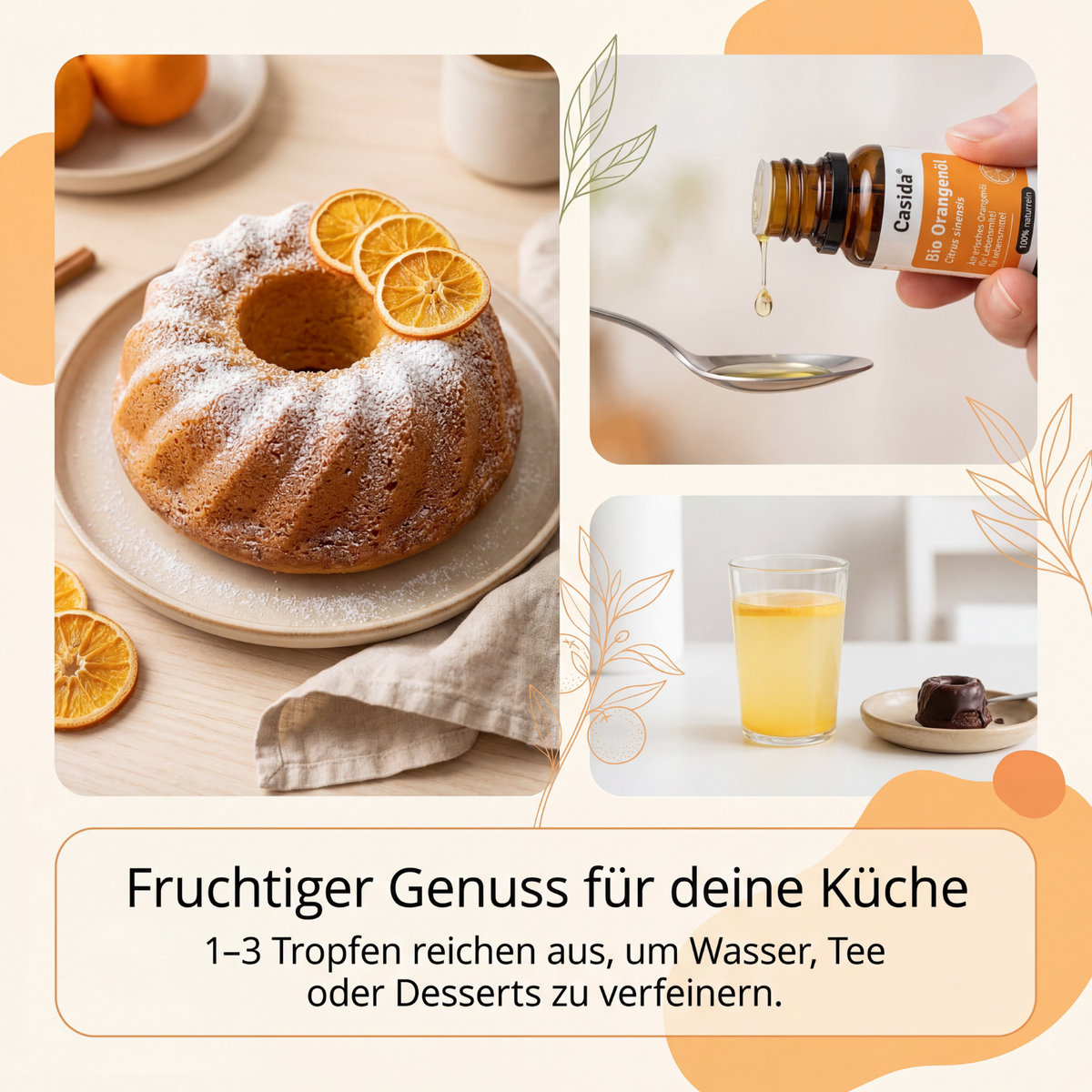 3er Set BIO Aromaöl zum Verzehr in Zitrone, Orange und Pfefferminze, mit Flasche und Zutatenvorschlägen.