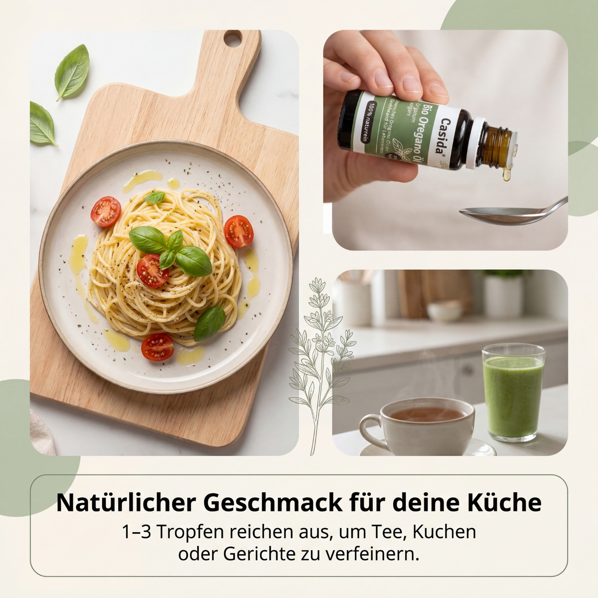Oregano Öl Bio in einer braunen Flasche, mit einem Gericht aus Pasta, Tomaten und Basilikum auf einem Holzbrett.