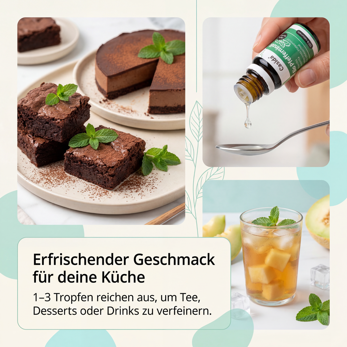 3er Set BIO Aromaöl zum Verzehr in Fläschchen, mit Zitrone, Orange und Pfefferminze, neben Desserts und Getränken.